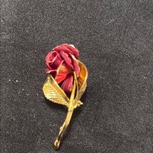 Elegant Gold and Red Rose Brooch